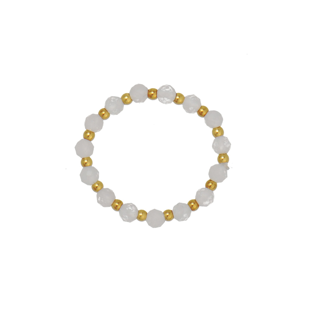 Bohemian Clear Quartz Beaded Stretch Ring Alternated With Gold Plating Beads