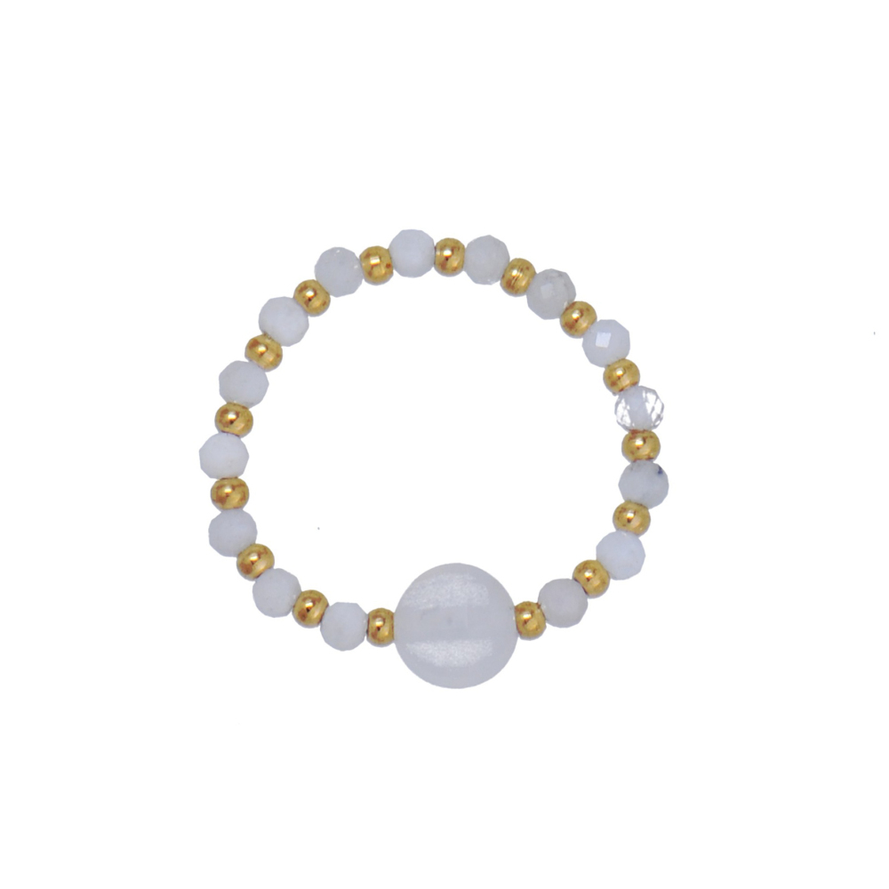 Dainty Black Bead Elastic Ring With Onyx Faceted Flat Round Bead Central