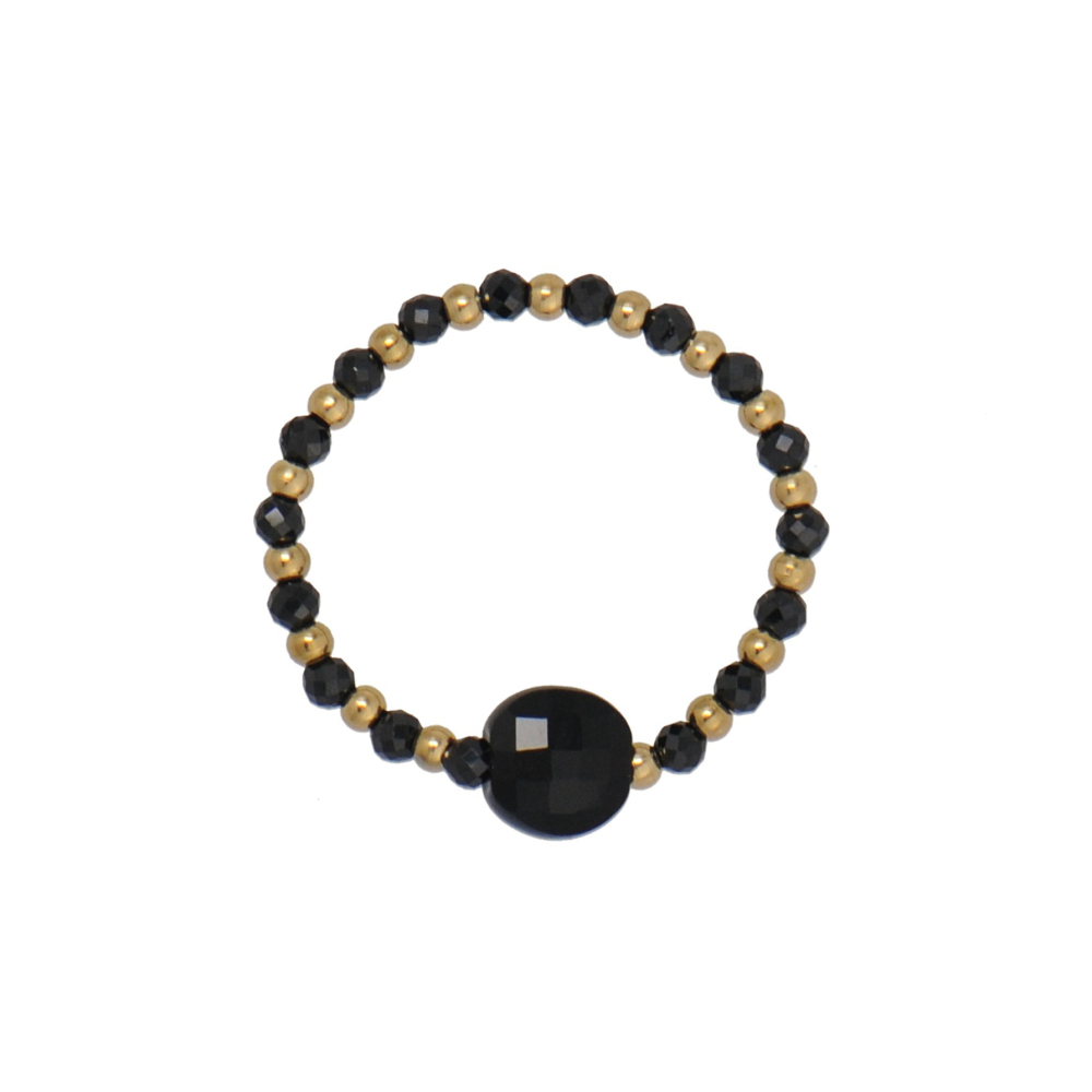 Dainty Black Bead Elastic Ring With Onyx Faceted Flat Round Bead Central