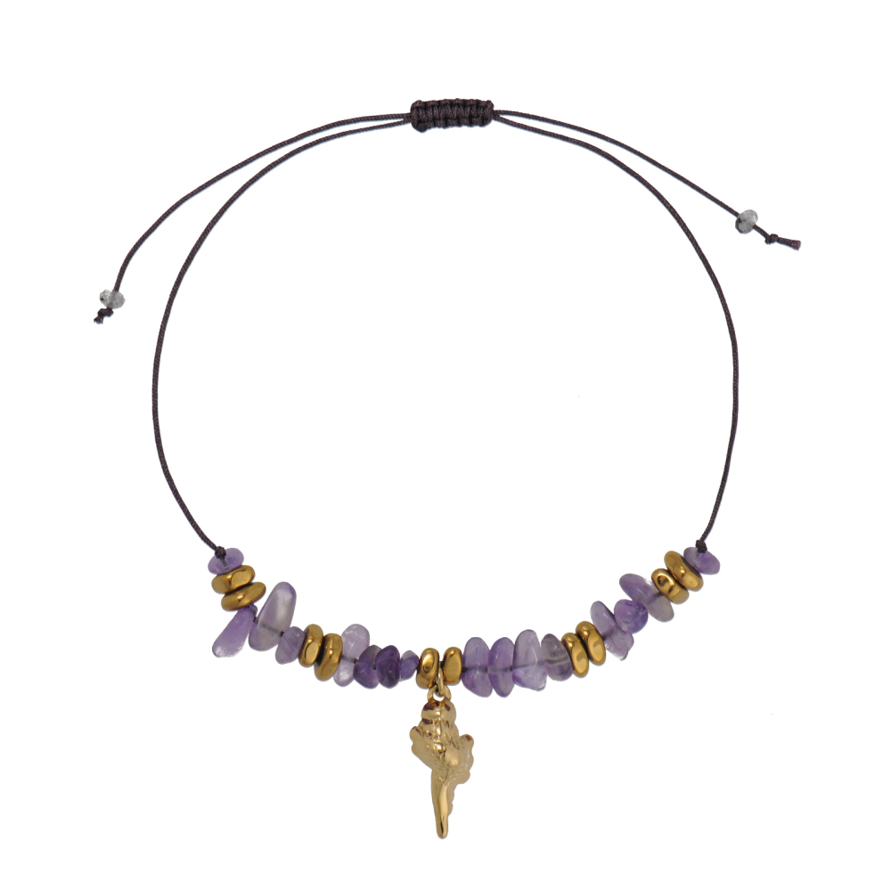 Irregular Amethyst Cord Bracelet With 14K Gold Plating Conch Charm, 5 Options Available