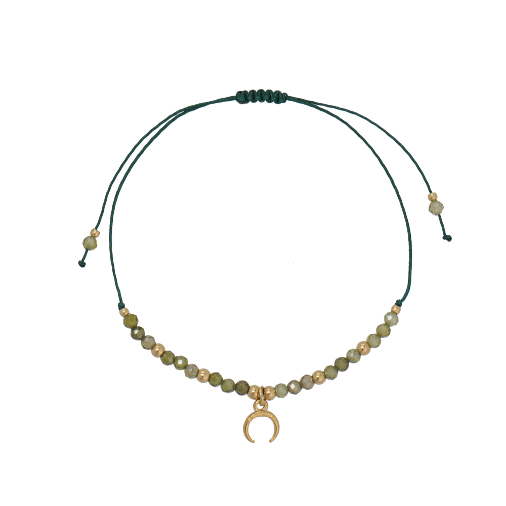 Natural Crystal Cord Adjustable Bracelet With 14K PVD Gold Moon Pendant