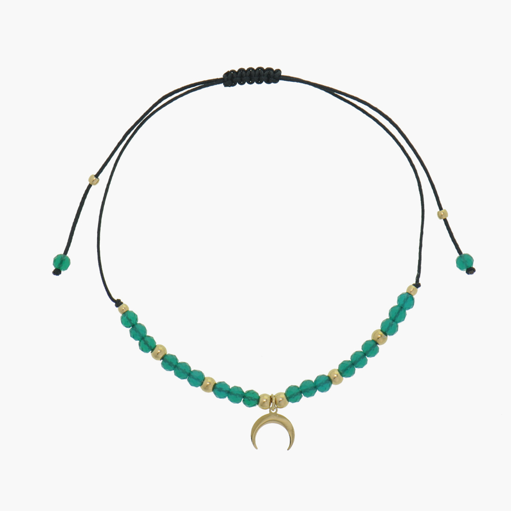 Natural Crystal Cord Adjustable Bracelet With 14K PVD Gold Moon Pendant