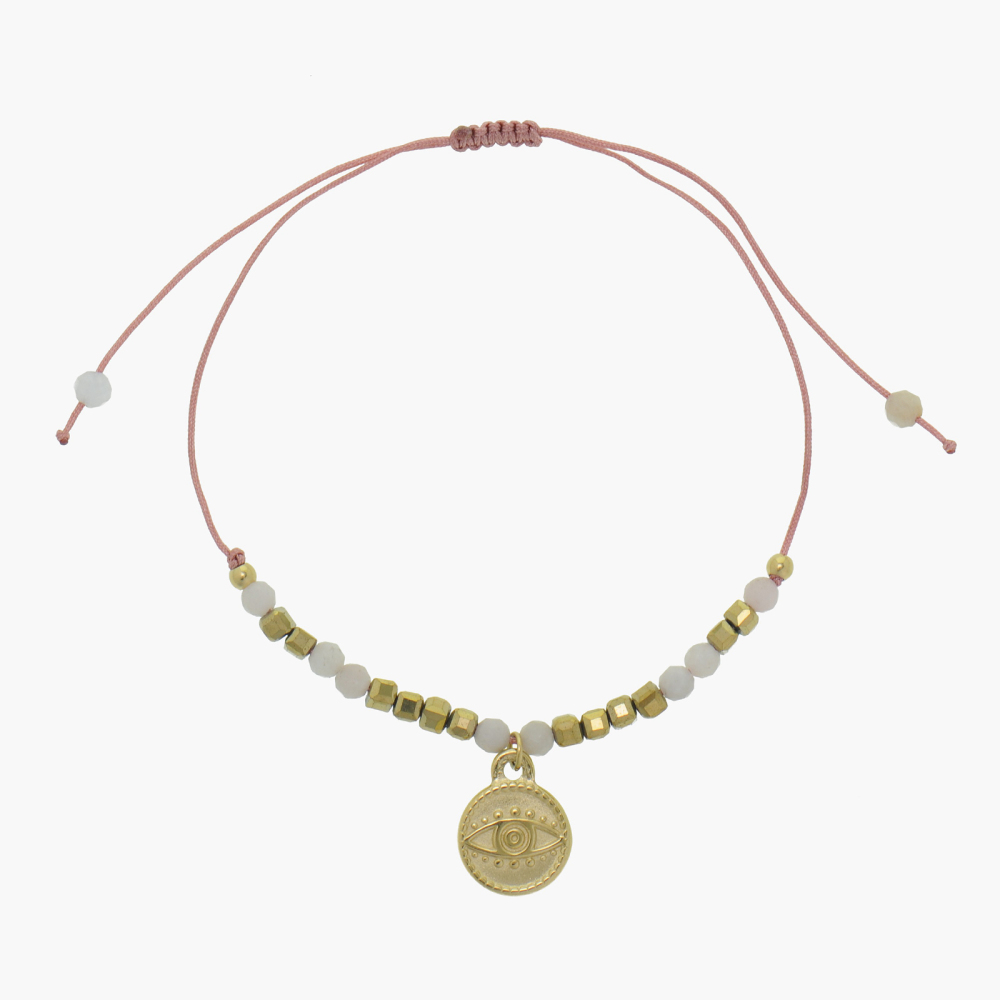 Adjustable bracelet with natural crystal and 14k PVD square beads, paired with stainless steel pendant