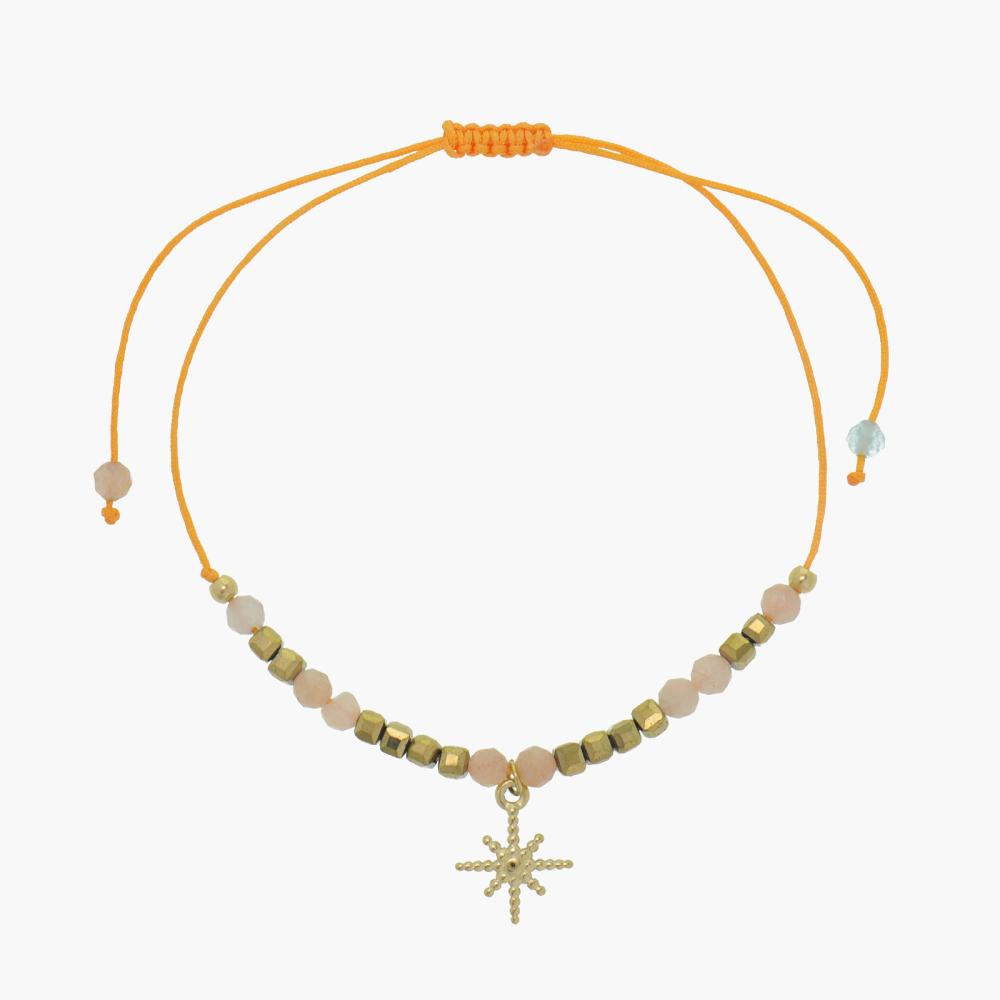 Adjustable bracelet with natural crystal and 14k PVD square beads, paired with stainless steel pendant