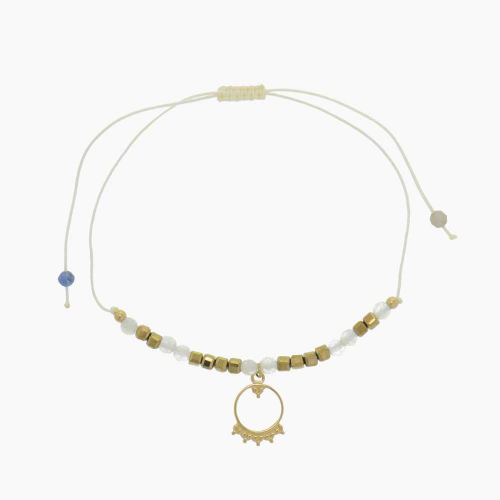 Adjustable bracelet with natural crystal and 14k PVD square beads, paired with stainless steel pendant