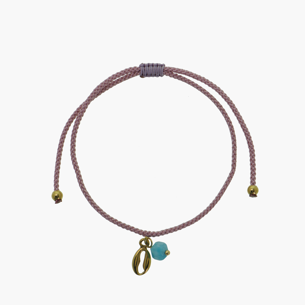 14k PVD Shell-shaped and Natural Crystal Pendant Cord Bracelet with Sliding Knot