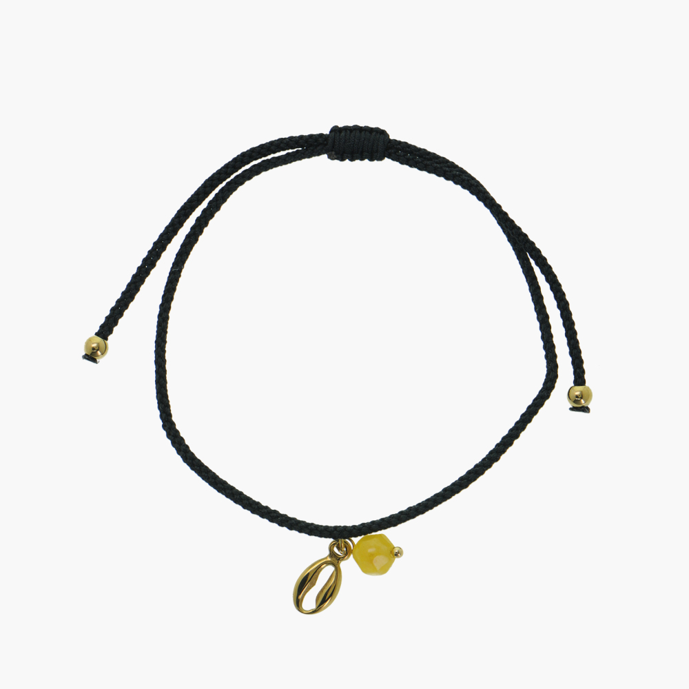 14k PVD Shell-shaped and Natural Crystal Pendant Cord Bracelet with Sliding Knot