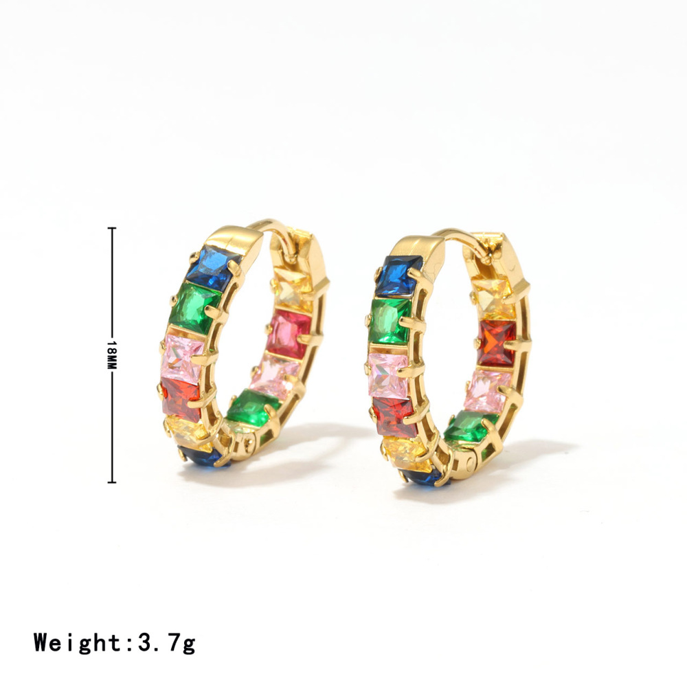 Rainbow Colored Princess Cut Cubic Zirconia Hoop Earrings In Stainless Steel