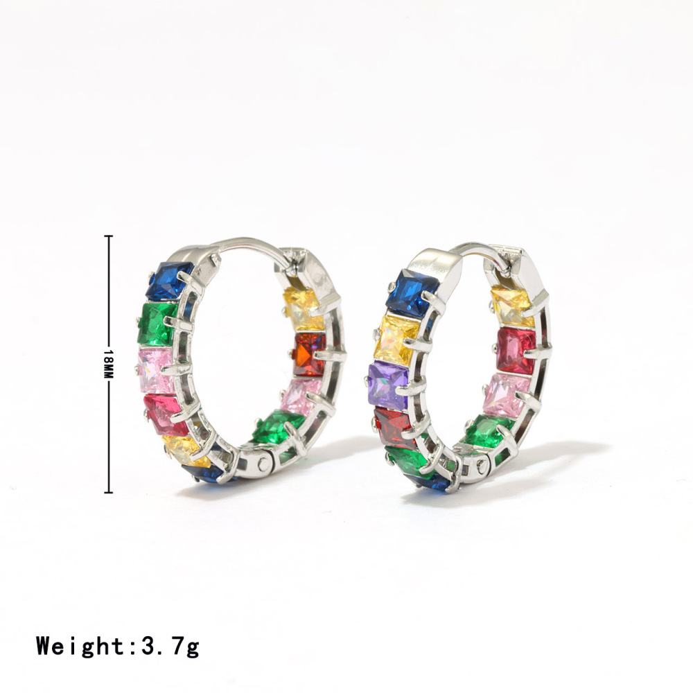 Rainbow Colored Princess Cut Cubic Zirconia Hoop Earrings In Stainless Steel