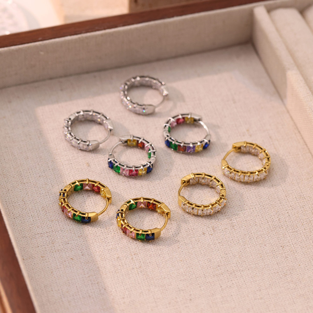 Rainbow Colored Princess Cut Cubic Zirconia Hoop Earrings In Stainless Steel