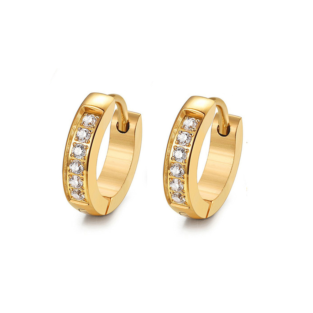 Yellow Gold Half Eternity Huggie Hoop Earrings Round Simulated CZ