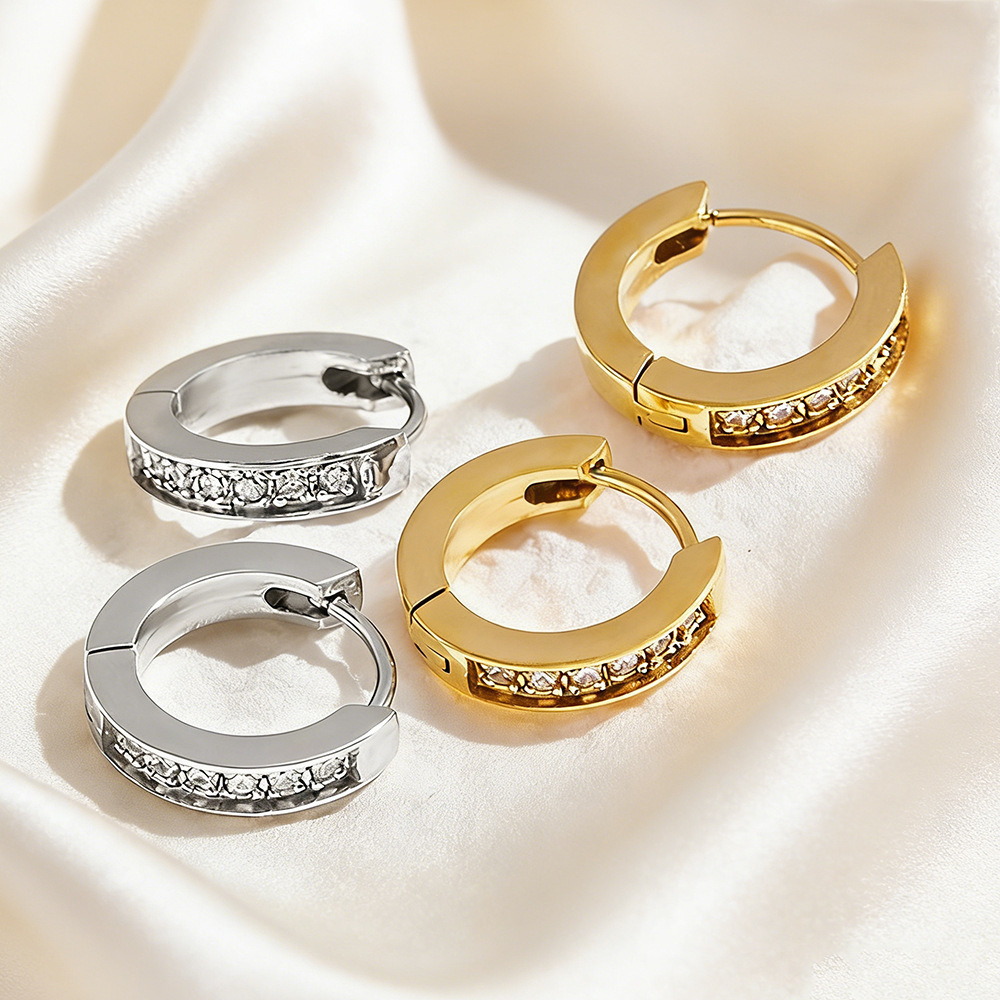 Yellow Gold Half Eternity Huggie Hoop Earrings Round Simulated CZ