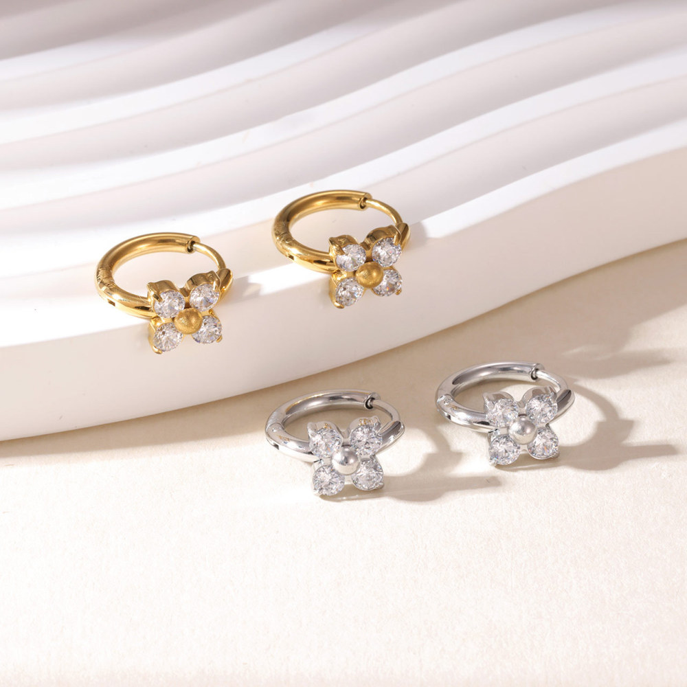 Flower Inspiration Cubic ZIrconia Huggie Hoop Earrings In Waterproof Stainless Steel