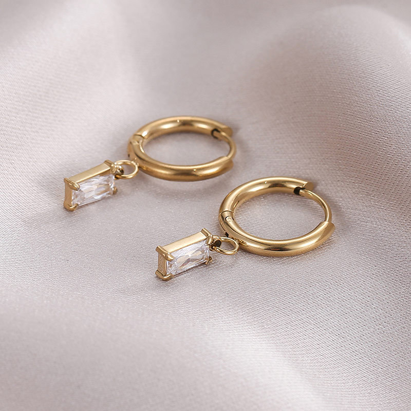 Waterproof Gold Plated Stainless Steel Baguette Diamante Huggie Earrings