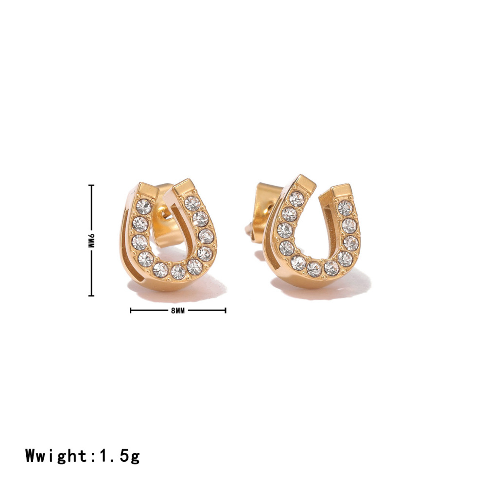 Good Fortune Horseshoe Stud Earrings With CZ Stone In Stainless Steel