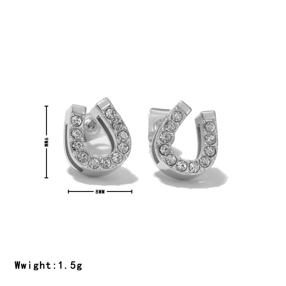 Good Fortune Horseshoe Stud Earrings With CZ Stone In Stainless Steel