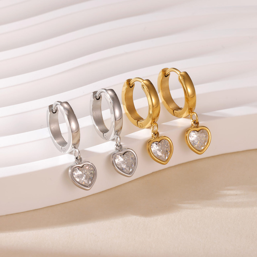 Heart Cubic Zirconia Drop Huggie Hoop Earrings In 316L Stainless Steel