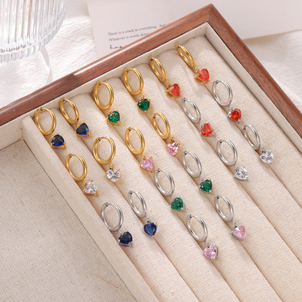 18K Gold Plated Heart Drop Hoop Earrings With Cubic Zirconia, Color Options Avialable