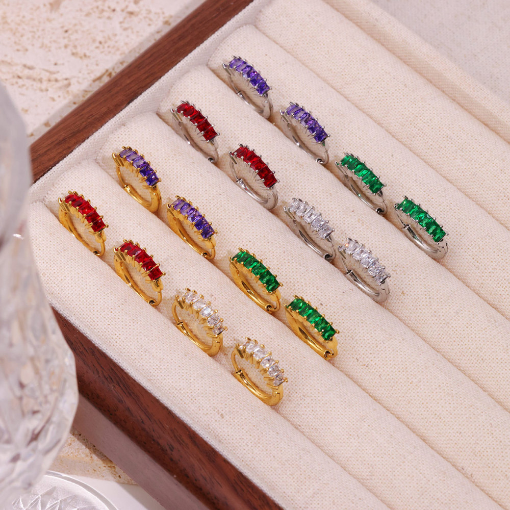 Rainbow Colored Princess Cut Cubic Zirconia Hoop Earrings In Stainless Steel