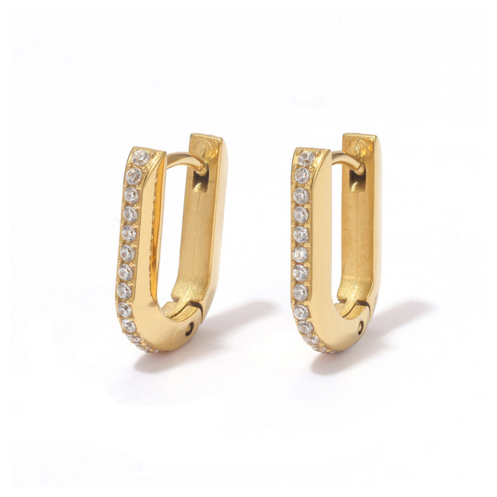14k Gold Plating Cubic Zirconia Squared Hoop Earrings In Stainless Steel