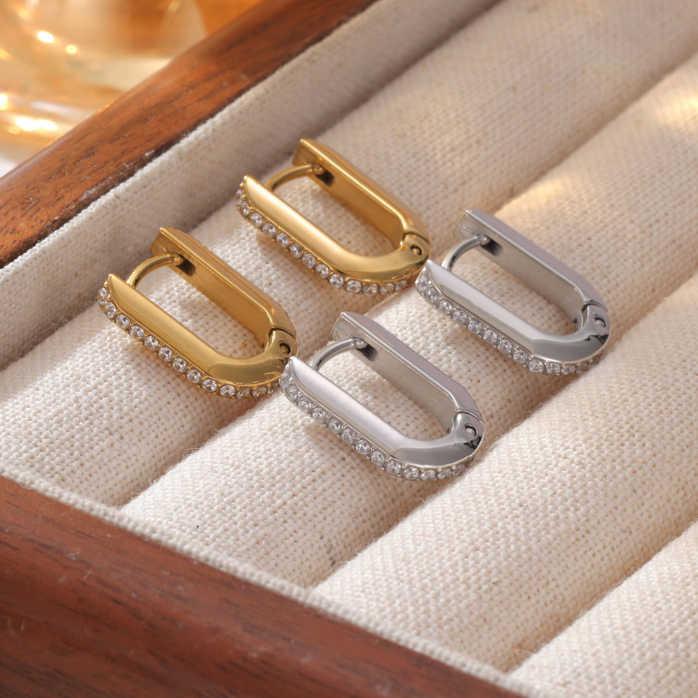 14k Gold Plating Cubic Zirconia Squared Hoop Earrings In Stainless Steel