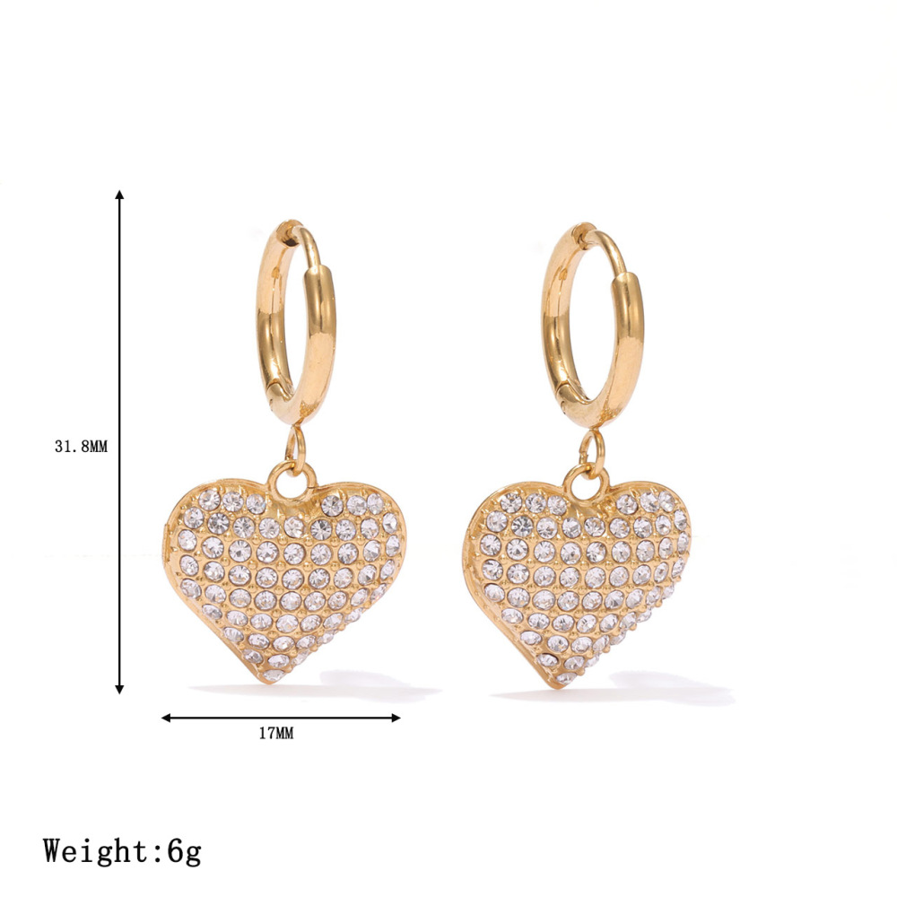 14k Gold Plated CZ Paved Heart Charm Hoop Earrings In Stainless Steel