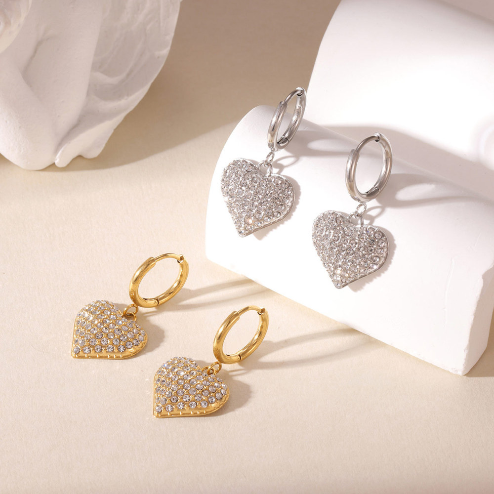 14k Gold Plated CZ Paved Heart Charm Hoop Earrings In Stainless Steel