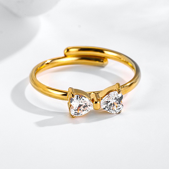 Adjustable Heart Shape Cubic Zirconia Bow Ring In Stainless Steel