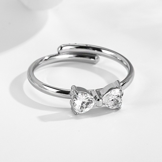 Adjustable Heart Shape Cubic Zirconia Bow Ring In Stainless Steel