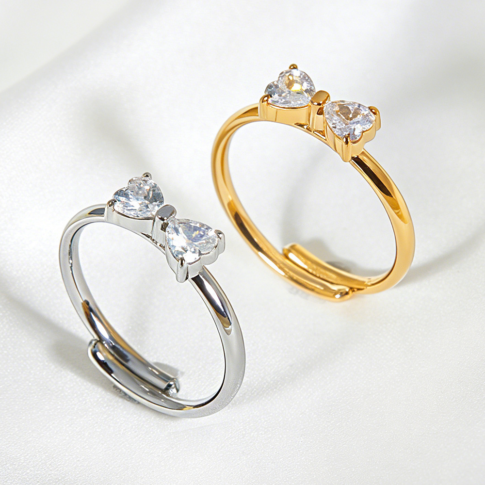 Adjustable Heart Shape Cubic Zirconia Bow Ring In Stainless Steel