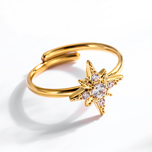 Sunburst And Northstar Ajustable Ring With Cubic Zirconia In Stainless Steel