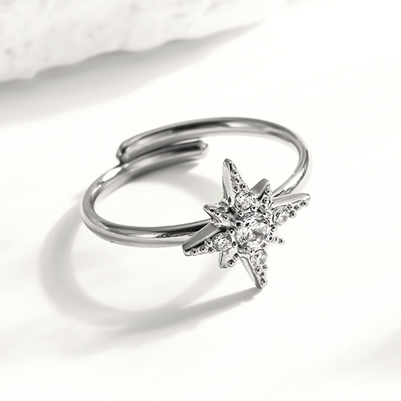 Sunburst And Northstar Ajustable Ring With Cubic Zirconia In Stainless Steel