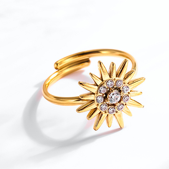 Sunburst And Northstar Ajustable Ring With Cubic Zirconia In Stainless Steel