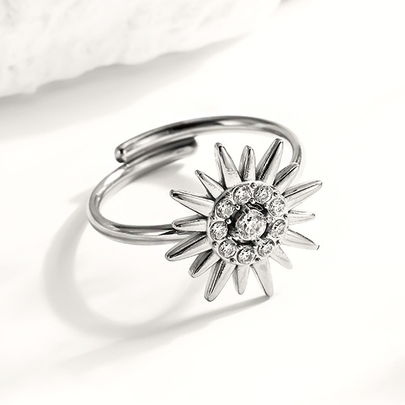 Sunburst And Northstar Ajustable Ring With Cubic Zirconia In Stainless Steel