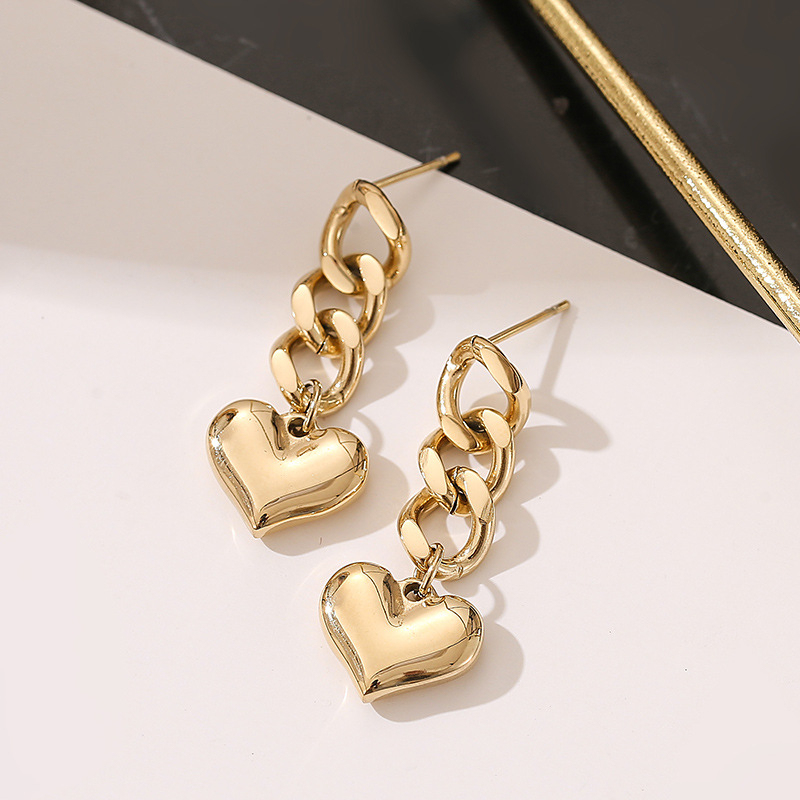 Curb Chain Link Heart Drop Earrings In PVD Coated 316L Stainless Steel