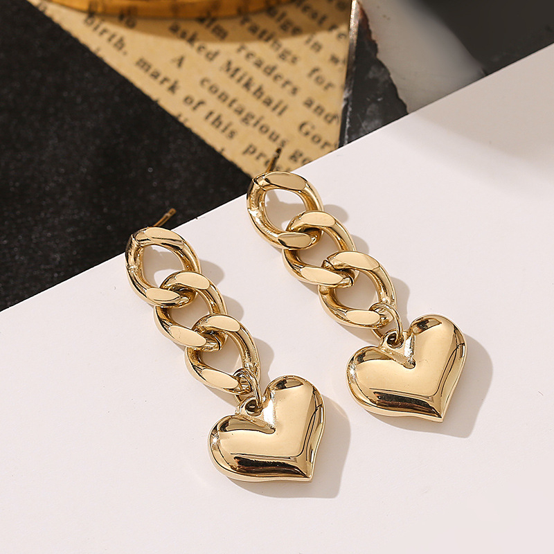 Curb Chain Link Heart Drop Earrings In PVD Coated 316L Stainless Steel