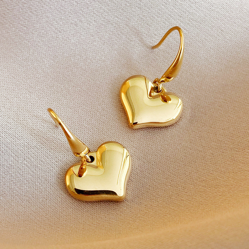 14K Gold Plated Smooth Heart Drop Earrings, High Polish Dangle Hoops