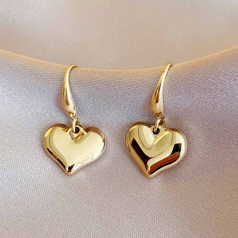 14K Gold Plated Smooth Heart Drop Earrings, High Polish Dangle Hoops