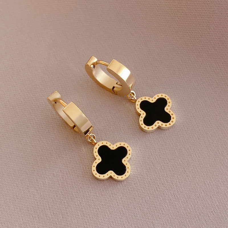 Waterproof 14K Gold Plated Stainless Steel Four-Leaf Clover Drop Earrings, Black & White Mother-of-Pearl Inlay, Color Options Available
