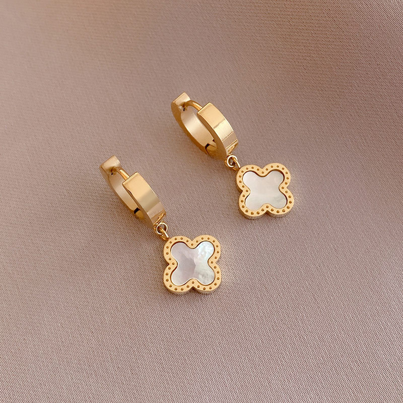 Waterproof 14K Gold Plated Stainless Steel Four-Leaf Clover Drop Earrings, Black & White Mother-of-Pearl Inlay, Color Options Available