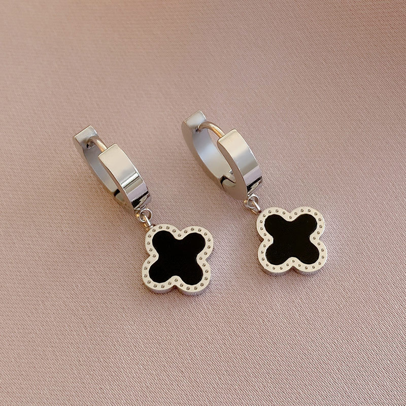 Waterproof 14K Gold Plated Stainless Steel Four-Leaf Clover Drop Earrings, Black & White Mother-of-Pearl Inlay, Color Options Available
