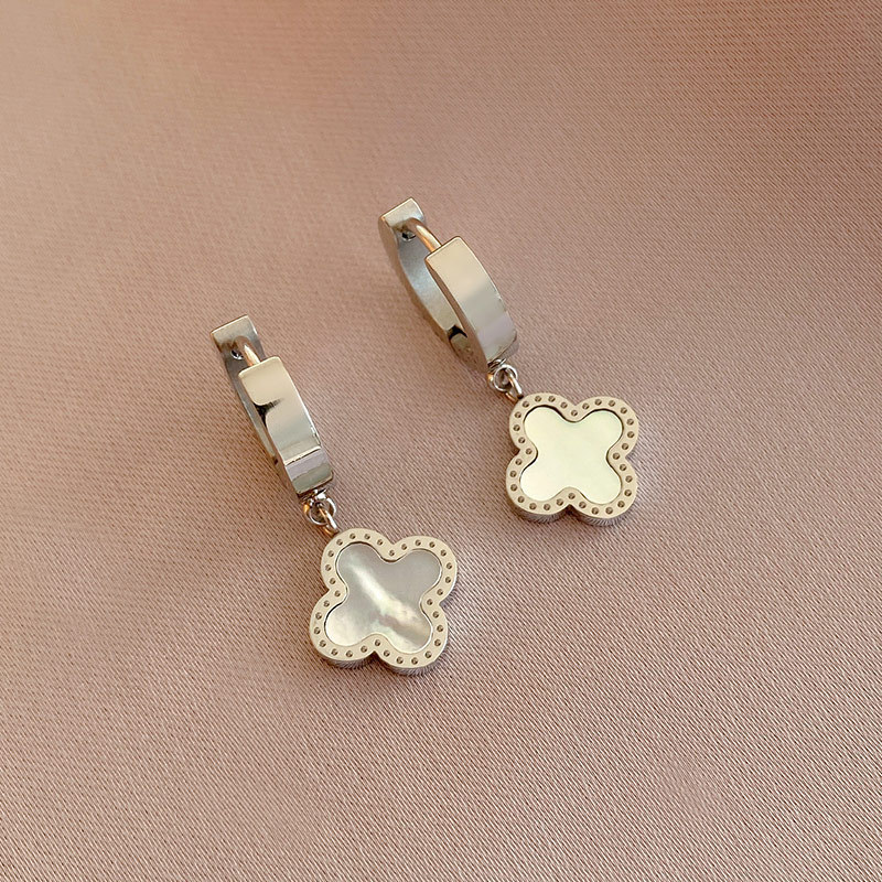 Waterproof 14K Gold Plated Stainless Steel Four-Leaf Clover Drop Earrings, Black & White Mother-of-Pearl Inlay, Color Options Available