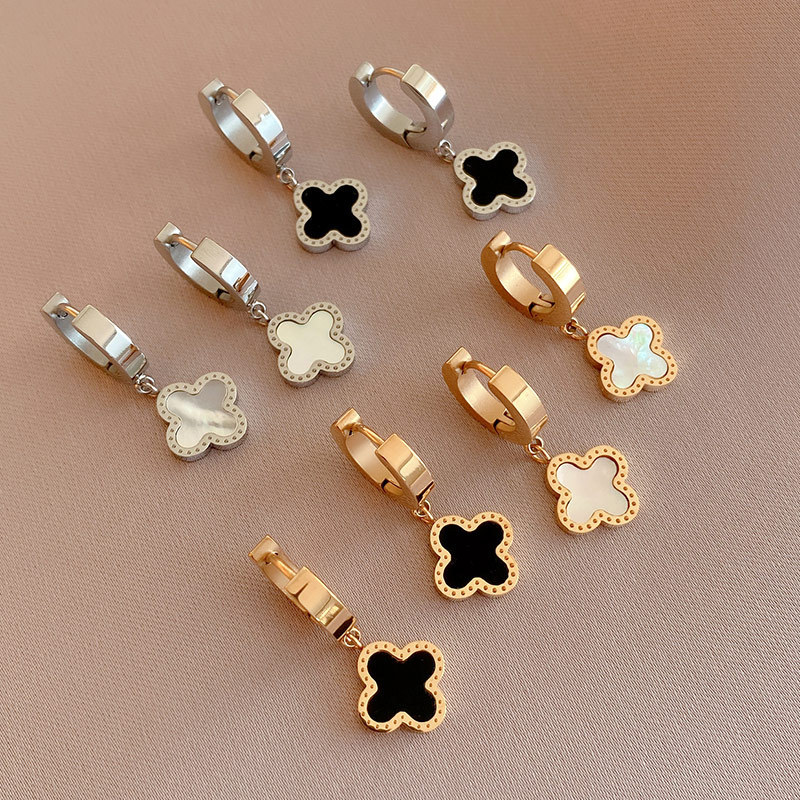 Waterproof 14K Gold Plated Stainless Steel Four-Leaf Clover Drop Earrings, Black & White Mother-of-Pearl Inlay, Color Options Available
