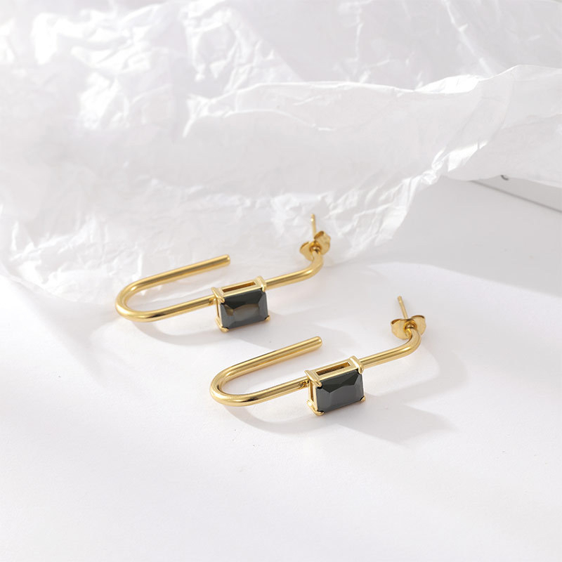 Waterproof 14K Gold Plated Stainless Steel Baguette CZ Huggie Earrings, U-Shaped Hoop with Colorful Cubic Zirconia, Multi-Color Available
