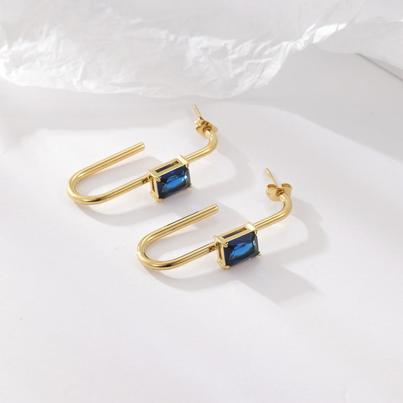 Waterproof 14K Gold Plated Stainless Steel Baguette CZ Huggie Earrings, U-Shaped Hoop with Colorful Cubic Zirconia, Multi-Color Available