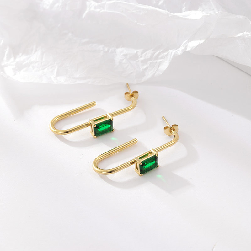 Waterproof 14K Gold Plated Stainless Steel Baguette CZ Huggie Earrings, U-Shaped Hoop with Colorful Cubic Zirconia, Multi-Color Available
