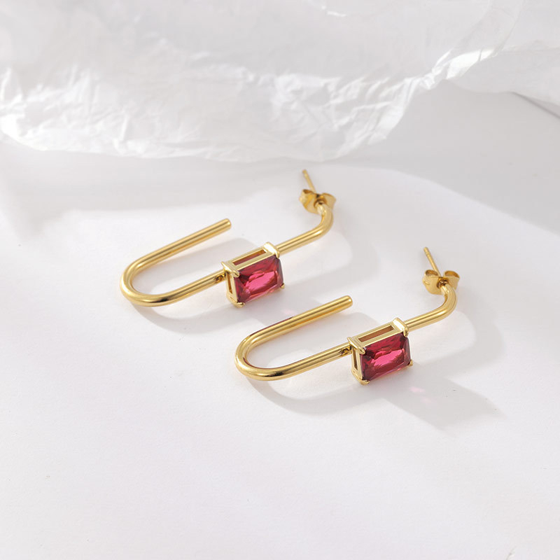 Waterproof 14K Gold Plated Stainless Steel Baguette CZ Huggie Earrings, U-Shaped Hoop with Colorful Cubic Zirconia, Multi-Color Available