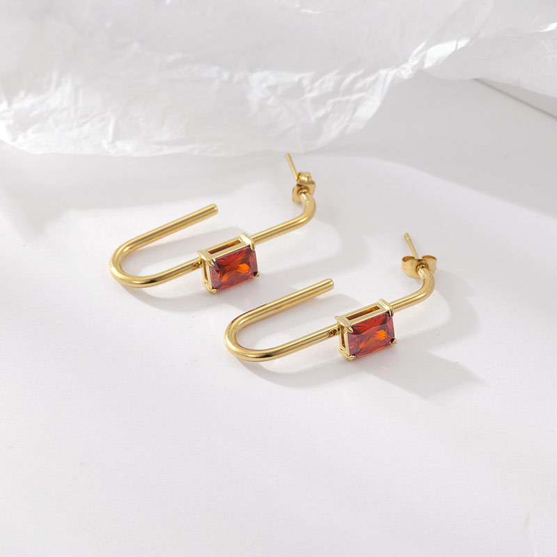 Waterproof 14K Gold Plated Stainless Steel Baguette CZ Huggie Earrings, U-Shaped Hoop with Colorful Cubic Zirconia, Multi-Color Available