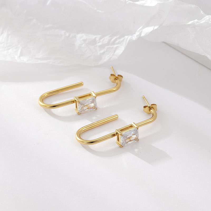 Waterproof 14K Gold Plated Stainless Steel Baguette CZ Huggie Earrings, U-Shaped Hoop with Colorful Cubic Zirconia, Multi-Color Available