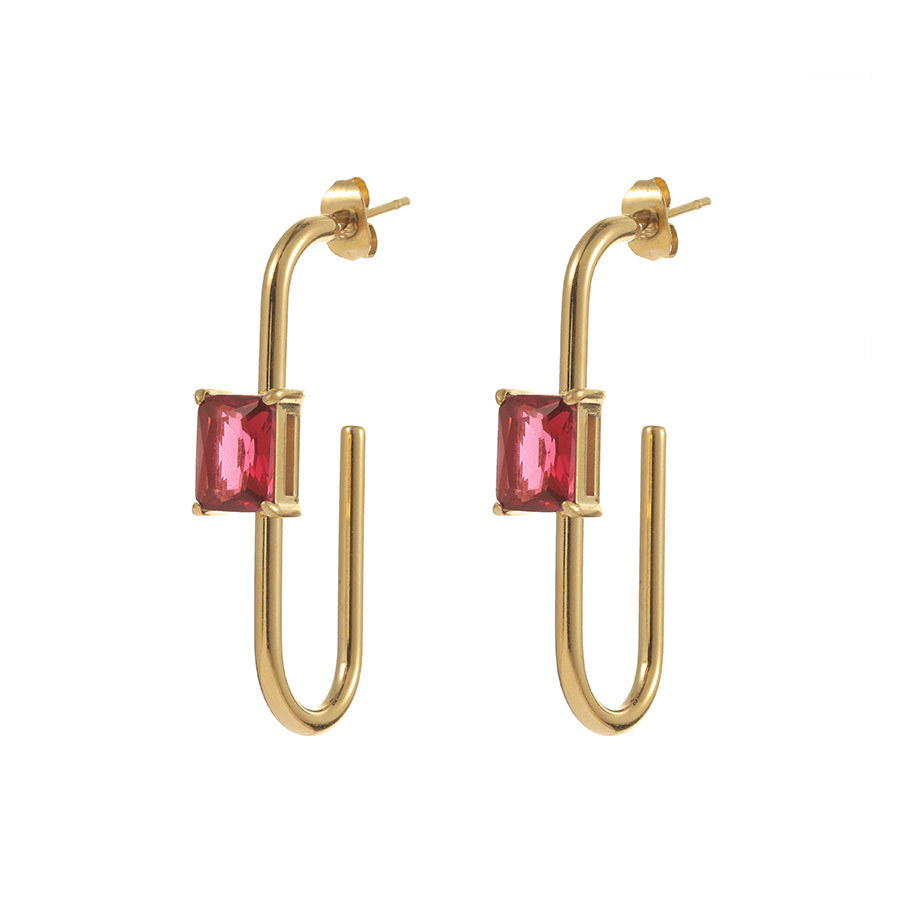 Waterproof 14K Gold Plated Stainless Steel Baguette CZ Huggie Earrings, U-Shaped Hoop with Colorful Cubic Zirconia, Multi-Color Available